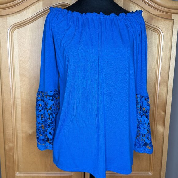 Melissa Paige Off Shoulder Soft Stretchy Blue Crochet Sleeves Blouse, Size S - Picture 1 of 6